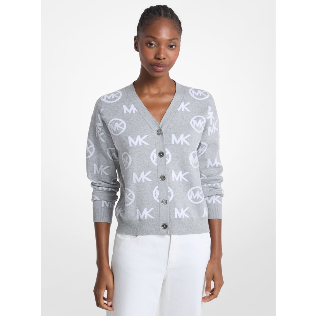 Michael Kors Logo Jacquard Cotton Blend Cardigan PEARL GREY