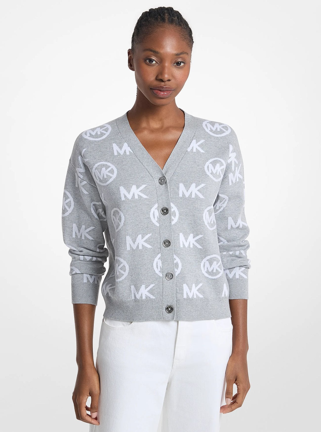 Michael Kors Logo Jacquard Cotton Blend Cardigan PEARL GREY