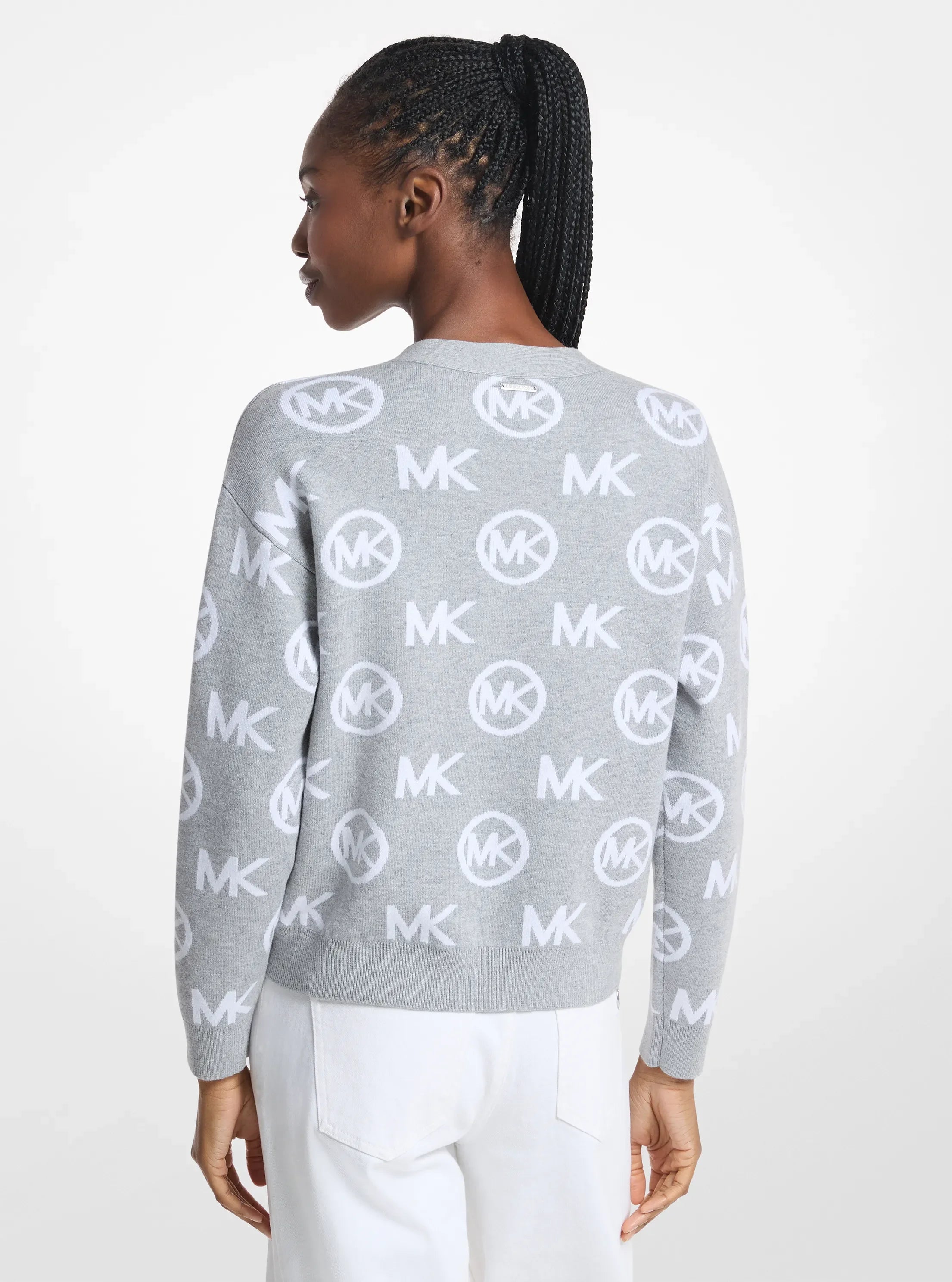 Michael Kors Logo Jacquard Cotton Blend Cardigan PEARL GREY