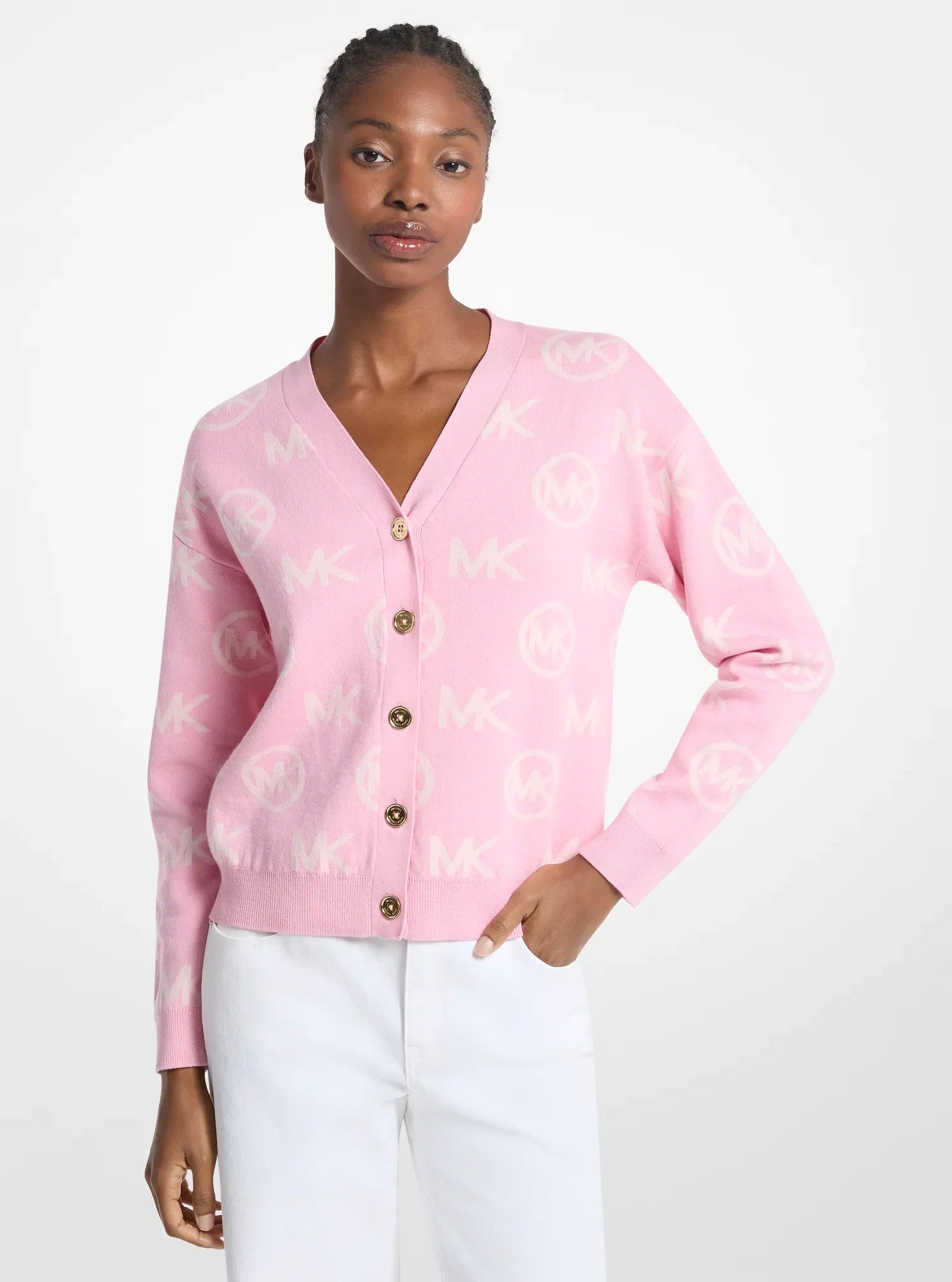 Michael Kors Logo Jacquard Cotton Blend Cardigan CARNATION