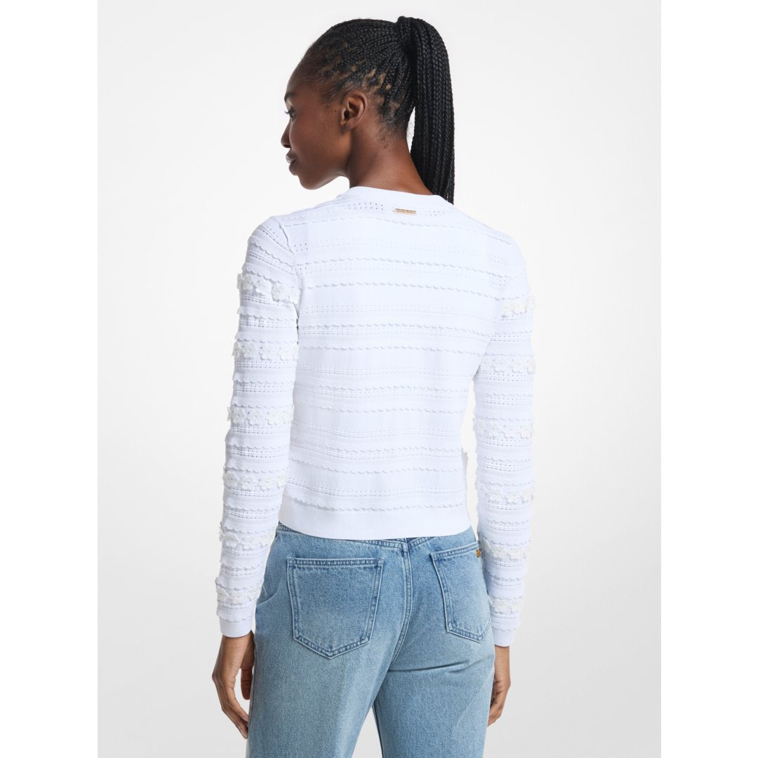 Michael Kors Floral Embellished Stretch Knit Cardigan WHITE