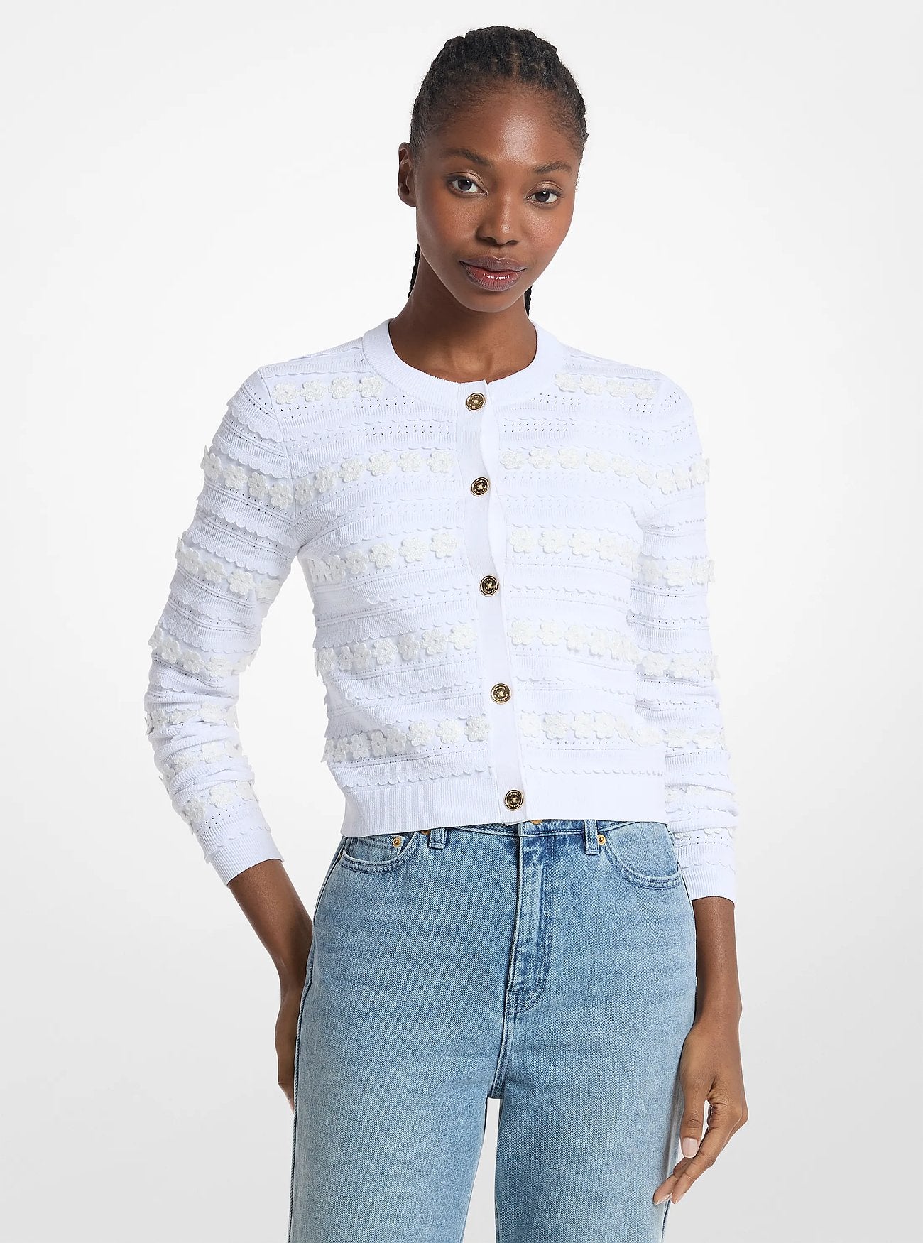 Michael Kors Floral Embellished Stretch Knit Cardigan WHITE