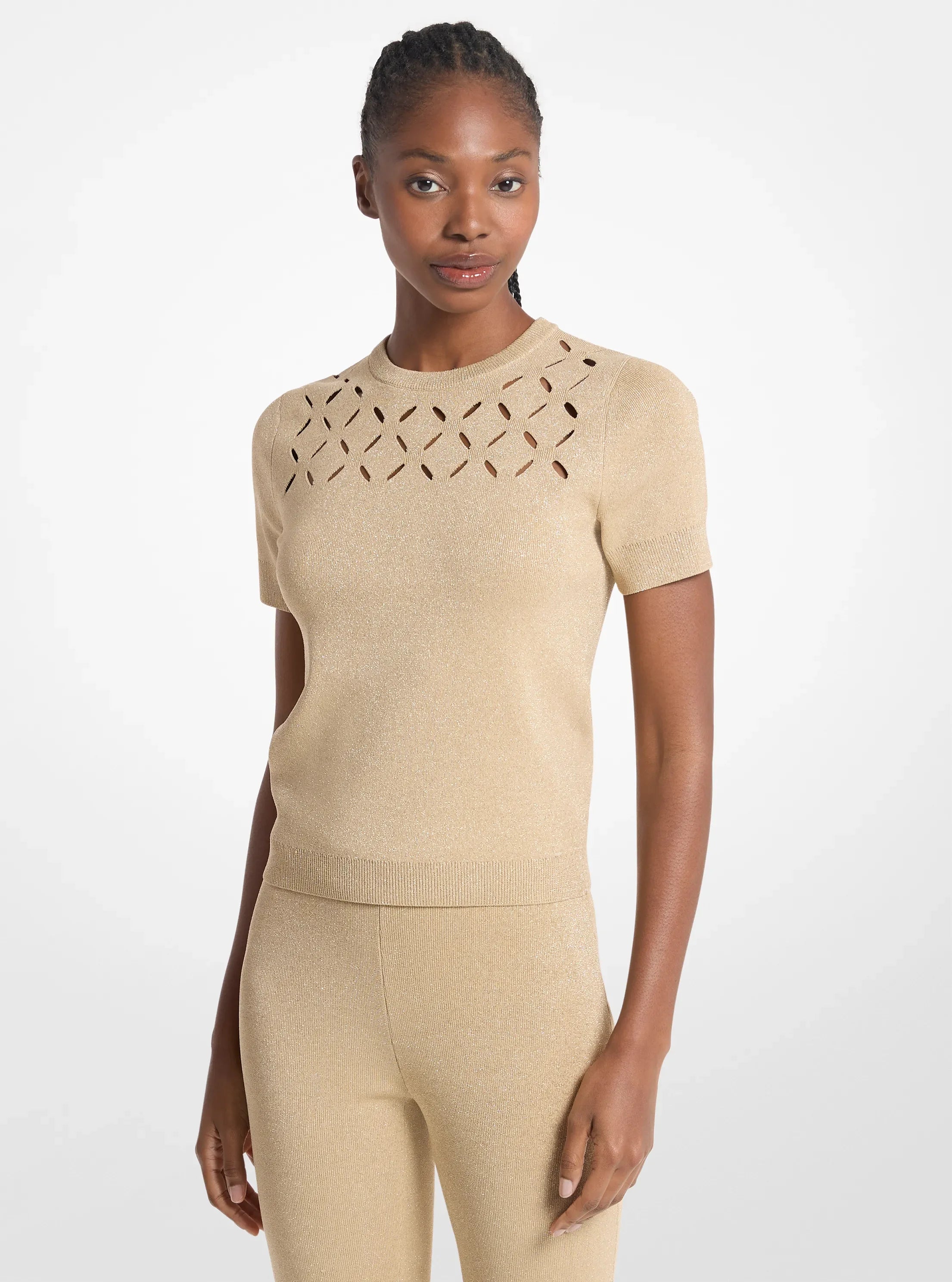 Michael Kors Laser Cut Metallic Stretch Knit Top GOLD