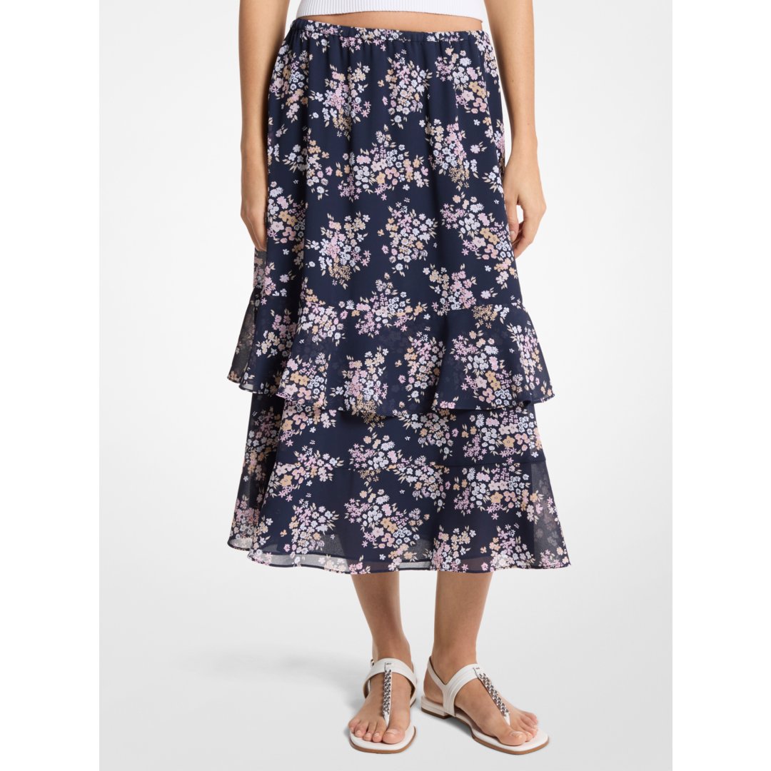 Michael Kors Floral Print Georgette Midi Skirt CARNATION