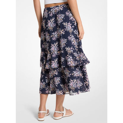 Michael Kors Floral Print Georgette Midi Skirt CARNATION