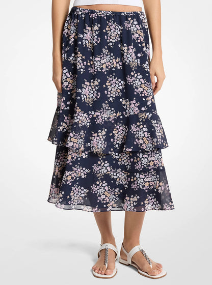 Michael Kors Floral Print Georgette Midi Skirt CARNATION