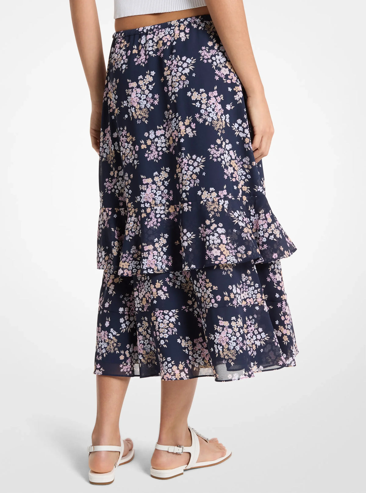 Michael Kors Floral Print Georgette Midi Skirt CARNATION