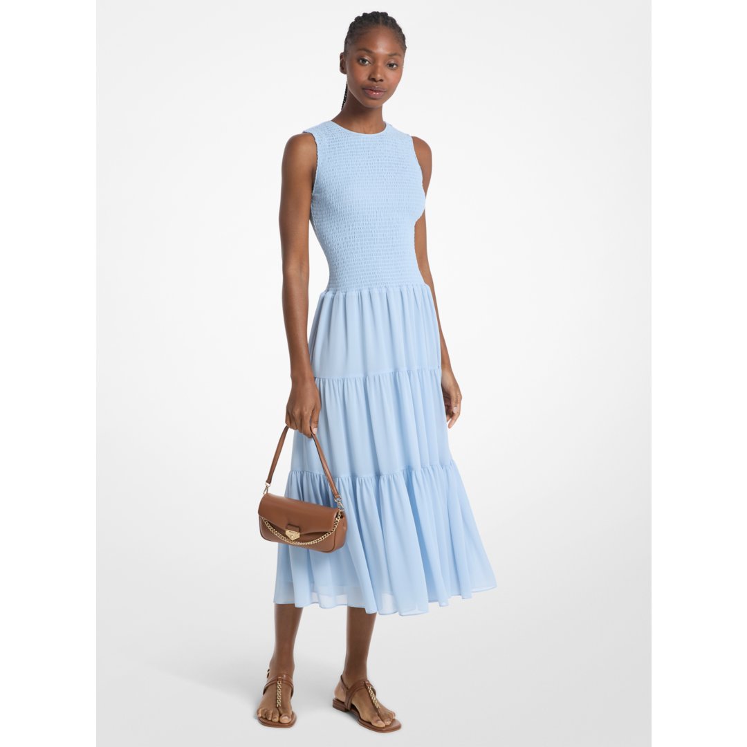 Michael Kors Smocked Georgette Midi Dress PASTEL BLUE