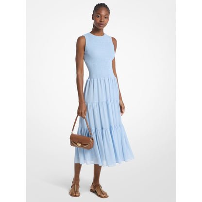 Michael Kors Smocked Georgette Midi Dress PASTEL BLUE