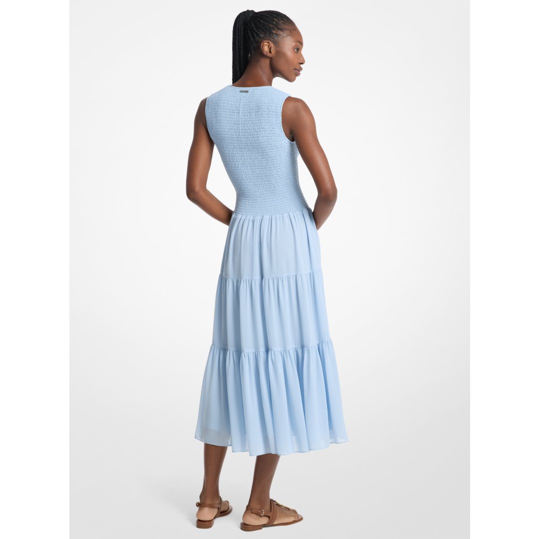 Michael Kors Smocked Georgette Midi Dress PASTEL BLUE