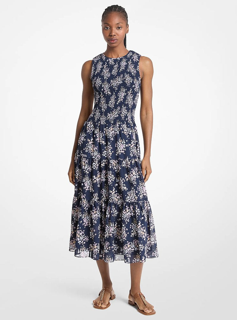 Michael Kors Floral Print Smocked Georgette Midi Dress CARNATION