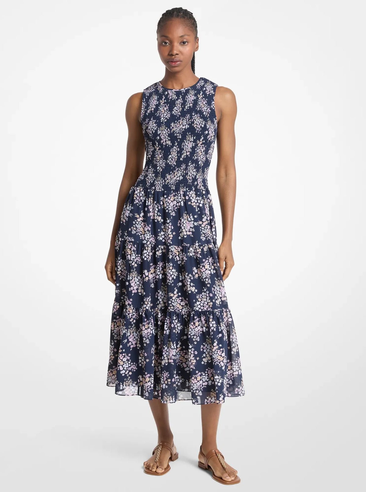 Michael Kors Floral Print Smocked Georgette Midi Dress CARNATION