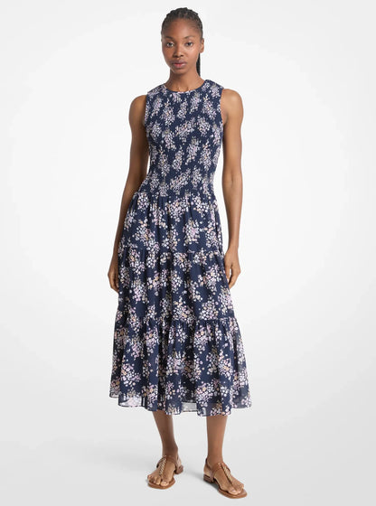 Michael Kors Floral Print Smocked Georgette Midi Dress CARNATION
