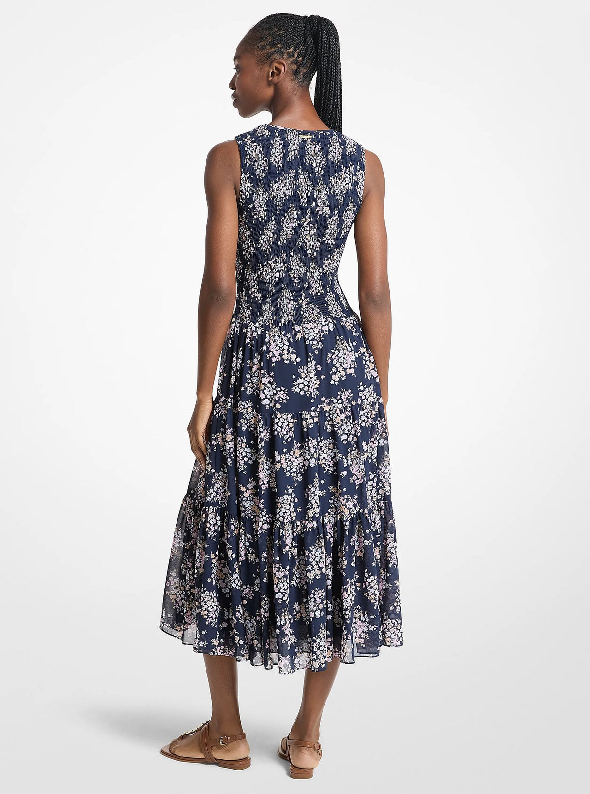 Michael Kors Floral Print Smocked Georgette Midi Dress CARNATION