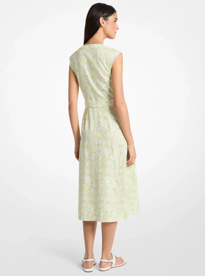 Michael Kors Floral Print Linen Blend Midi Dress LIME
