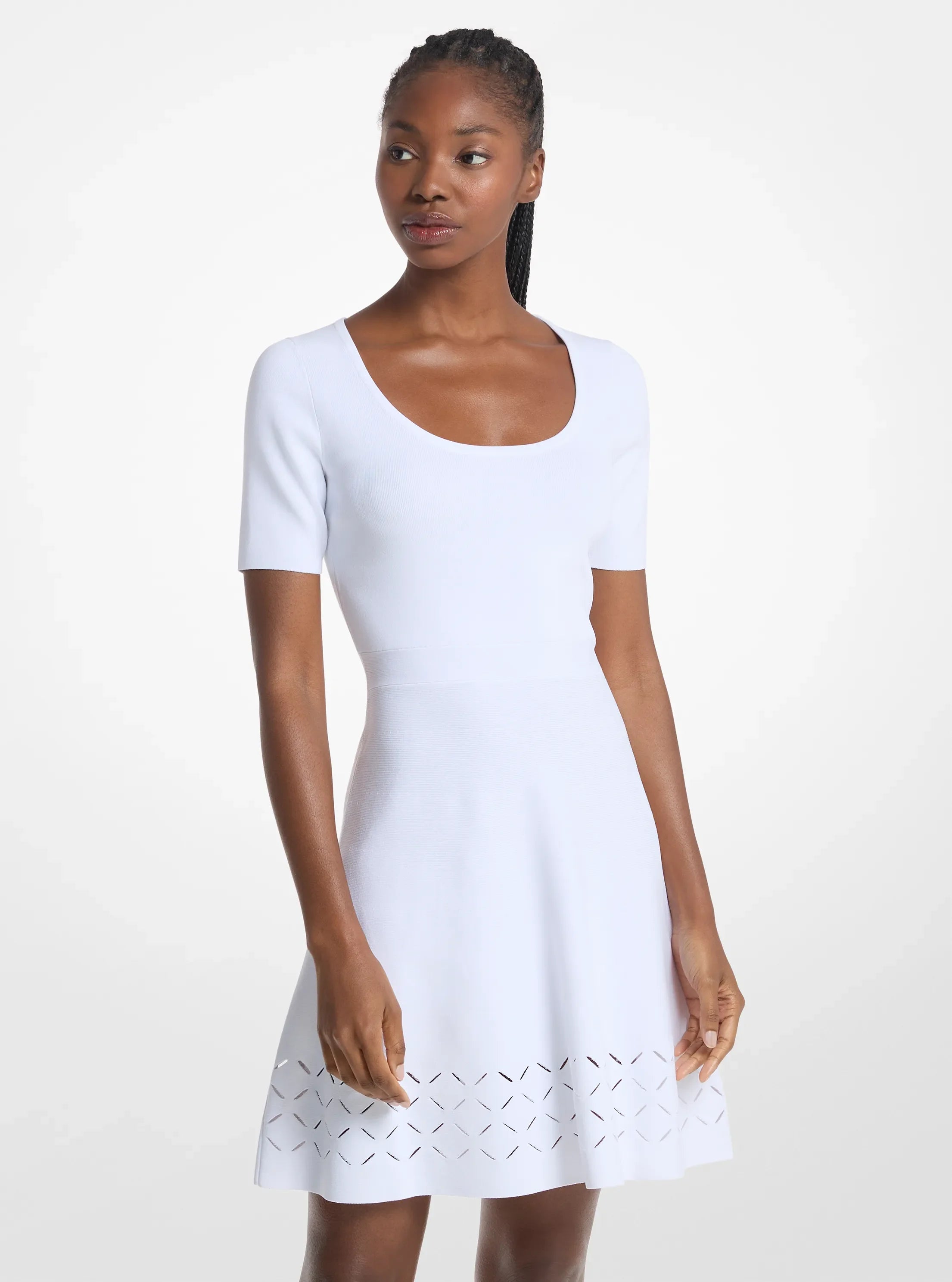 Michael Kors Laser Cut Stretch Knit Mini Dress WHITE
