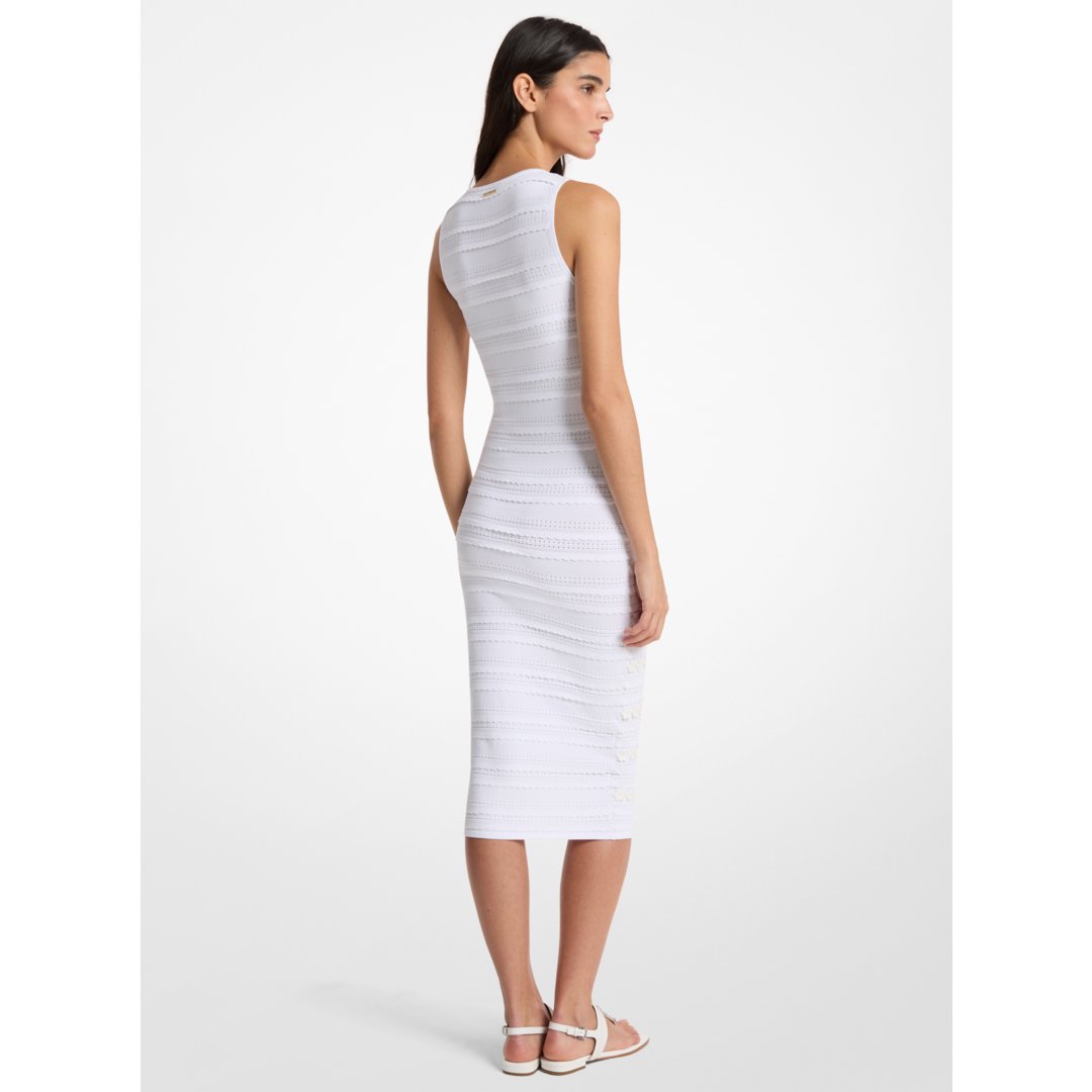 Michael Kors Floral Embellished Stretch Knit Midi Dress WHITE