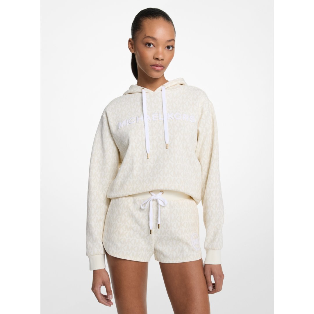 Michael Kors Signature Logo Cotton Blend Cropped Hoodie BONE