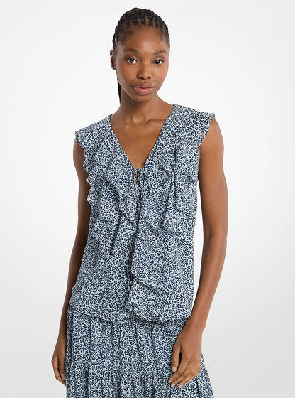 Michael Kors Ruffled Leopard Print Georgette Blouse DK CHAMBRAY