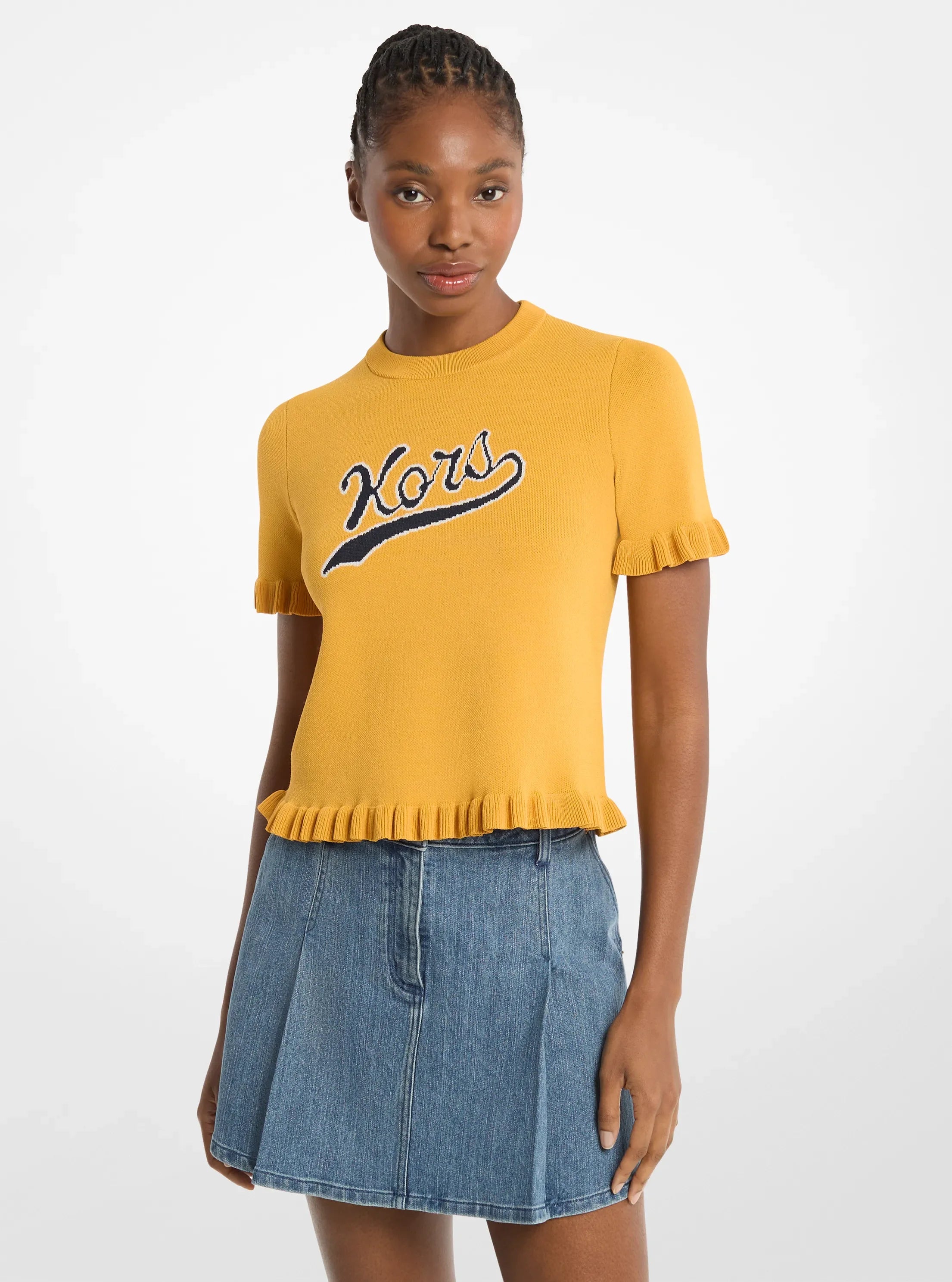 Michael Kors Ruffled Stretch Knit Logo Short-Sleeve Sweater HONEYWHEAT