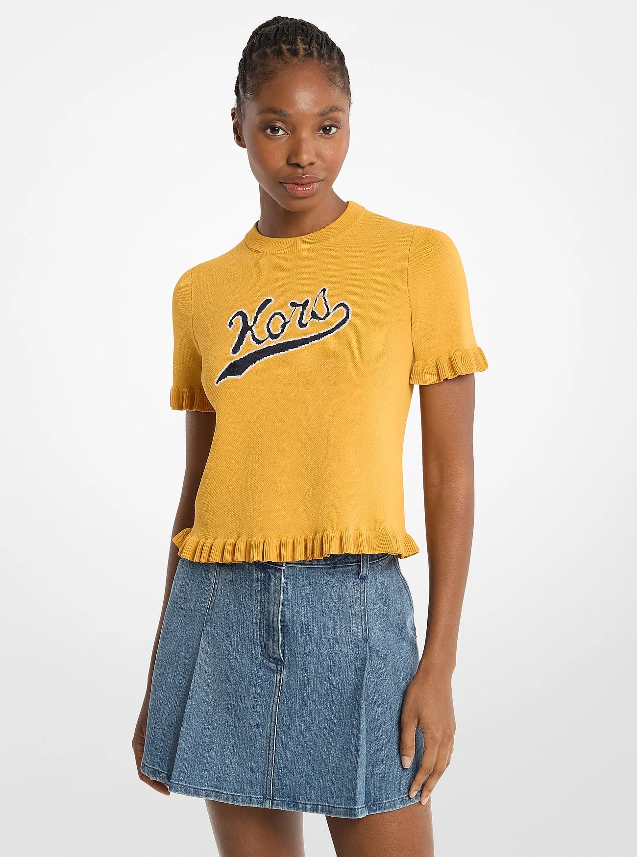 Michael Kors Ruffled Stretch Knit Logo Short-Sleeve Sweater HONEYWHEAT