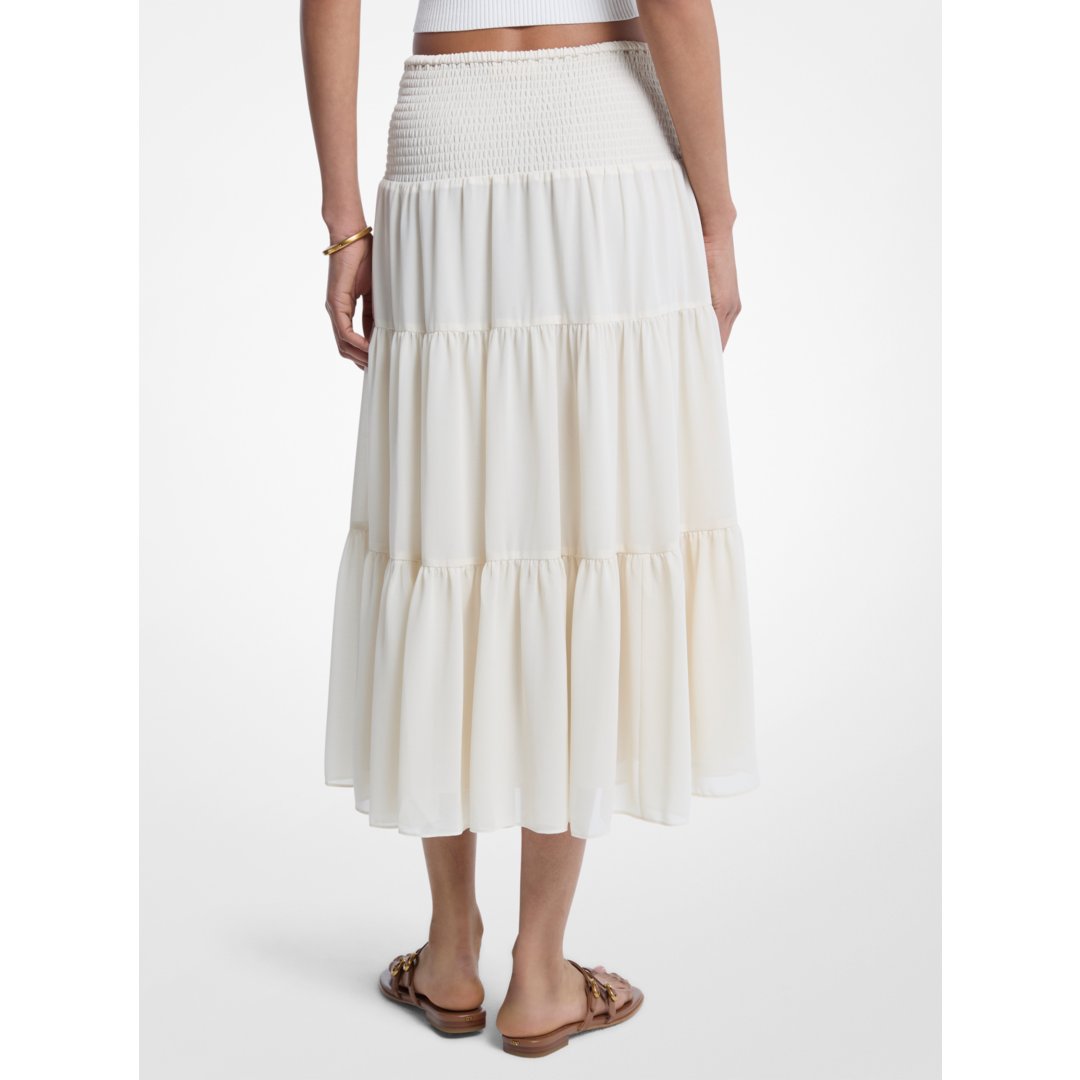 Michael Kors Smocked Georgette Tiered Skirt BONE