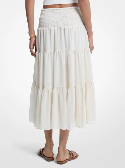 Michael Kors Smocked Georgette Tiered Skirt BONE