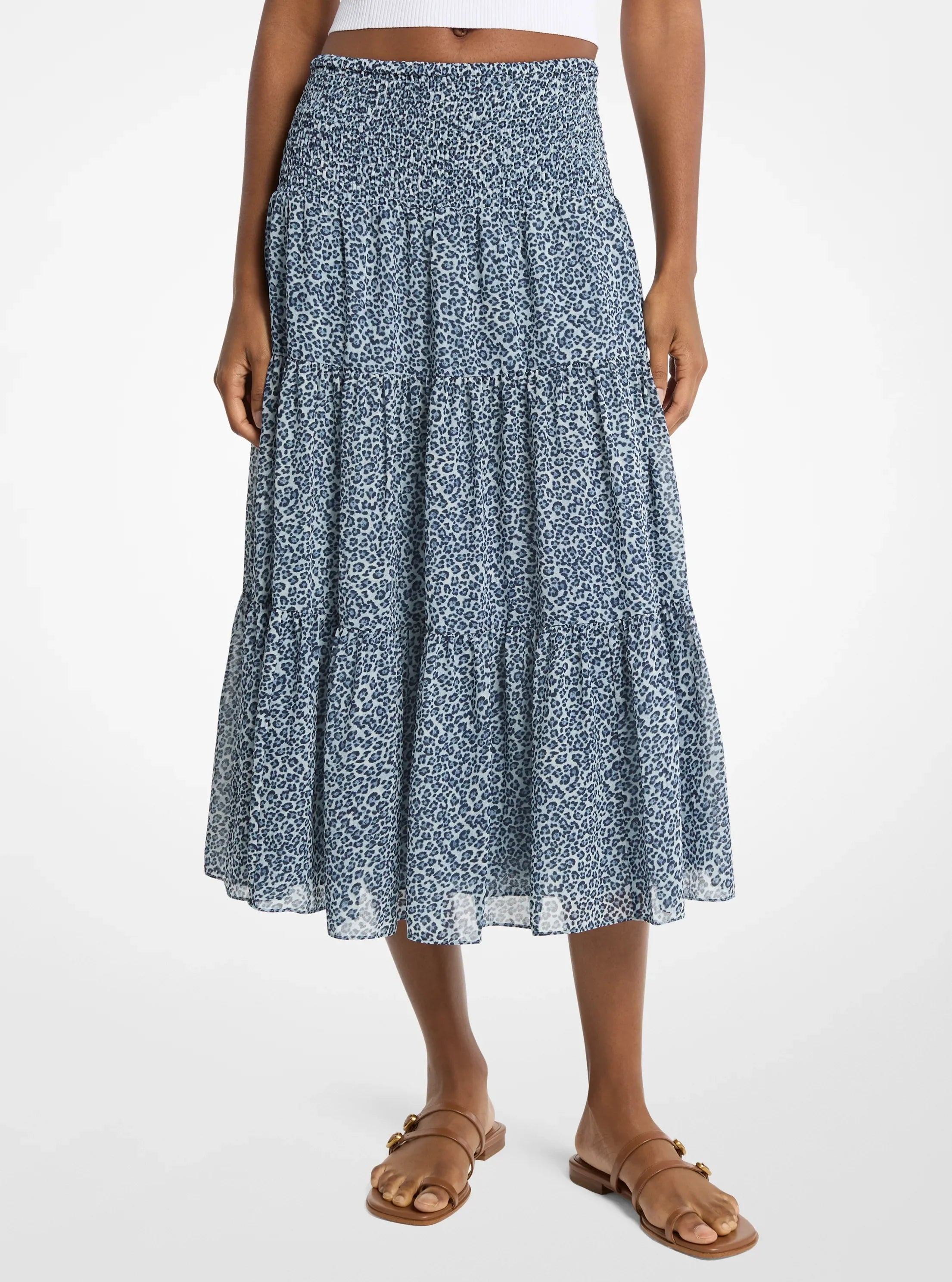 Michael Kors Leopard Print Georgette Tiered Midi Skirt DK CHAMBRAY