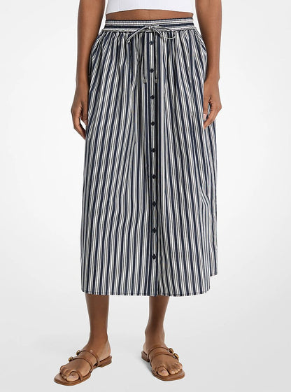 Michael Kors Striped Cotton Poplin Midi Skirt MIDNIGHTBLUE