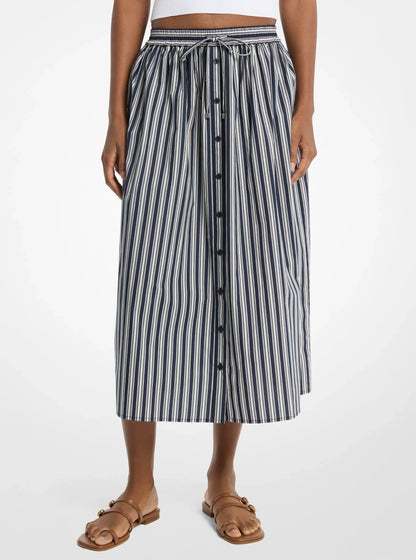 Michael Kors Striped Cotton Poplin Midi Skirt MIDNIGHTBLUE