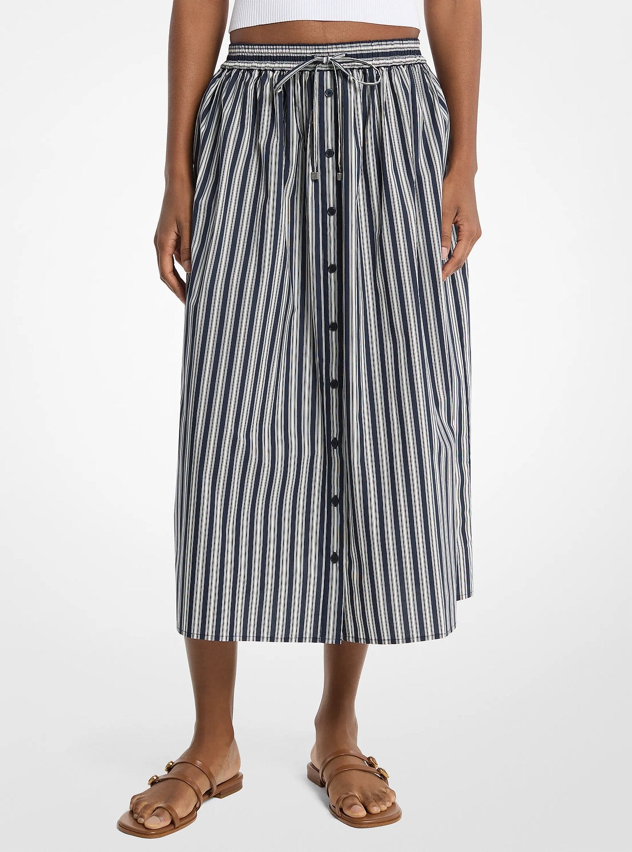 Michael Kors Striped Cotton Poplin Midi Skirt MIDNIGHTBLUE
