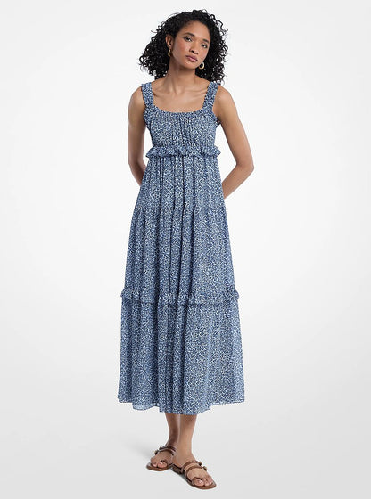 Michael Kors Leopard Print Georgette Tiered Dress DK CHAMBRAY