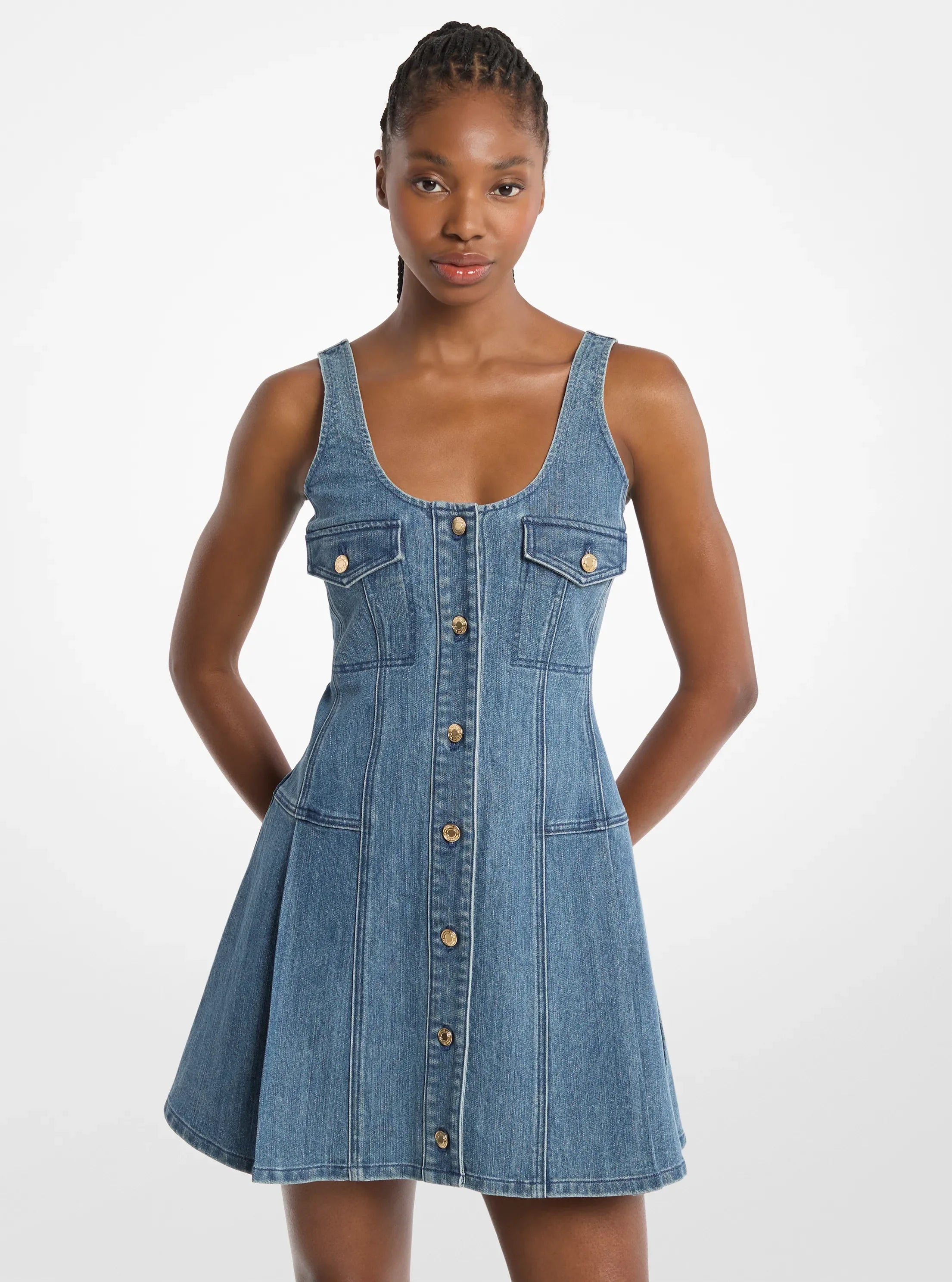 Michael Kors Pleated Denim Mini Dress DUSK BLUE WASH