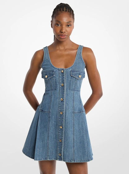 Michael Kors Pleated Denim Mini Dress DUSK BLUE WASH