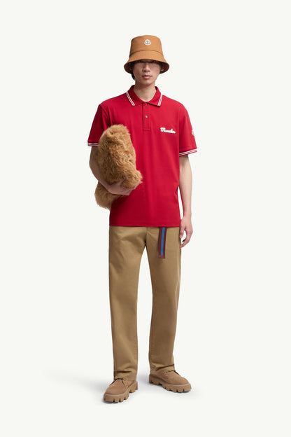 Moncler Embroidered Logo Cotton Piquet Polo Shirt Red Red