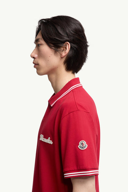 Moncler Embroidered Logo Cotton Piquet Polo Shirt Red Red