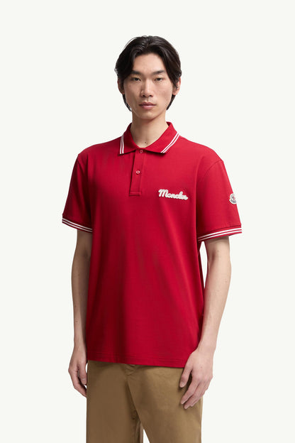 Moncler Embroidered Logo Cotton Piquet Polo Shirt Red Red