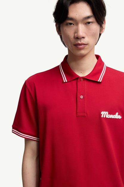 Moncler Embroidered Logo Cotton Piquet Polo Shirt Red Red