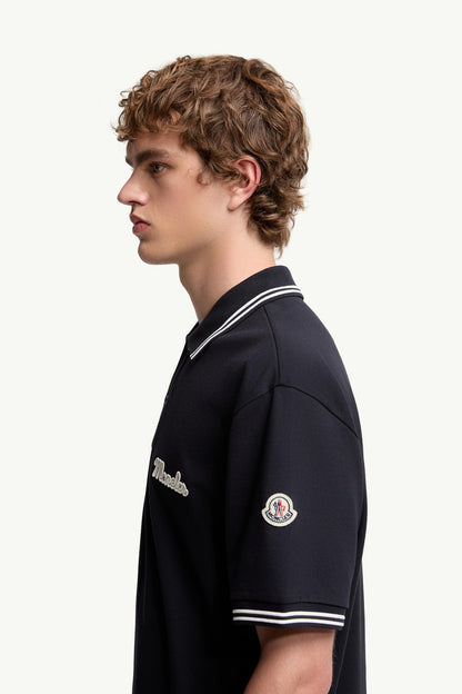 Moncler Embroidered Logo Cotton Piquet Polo Shirt Blue Blue