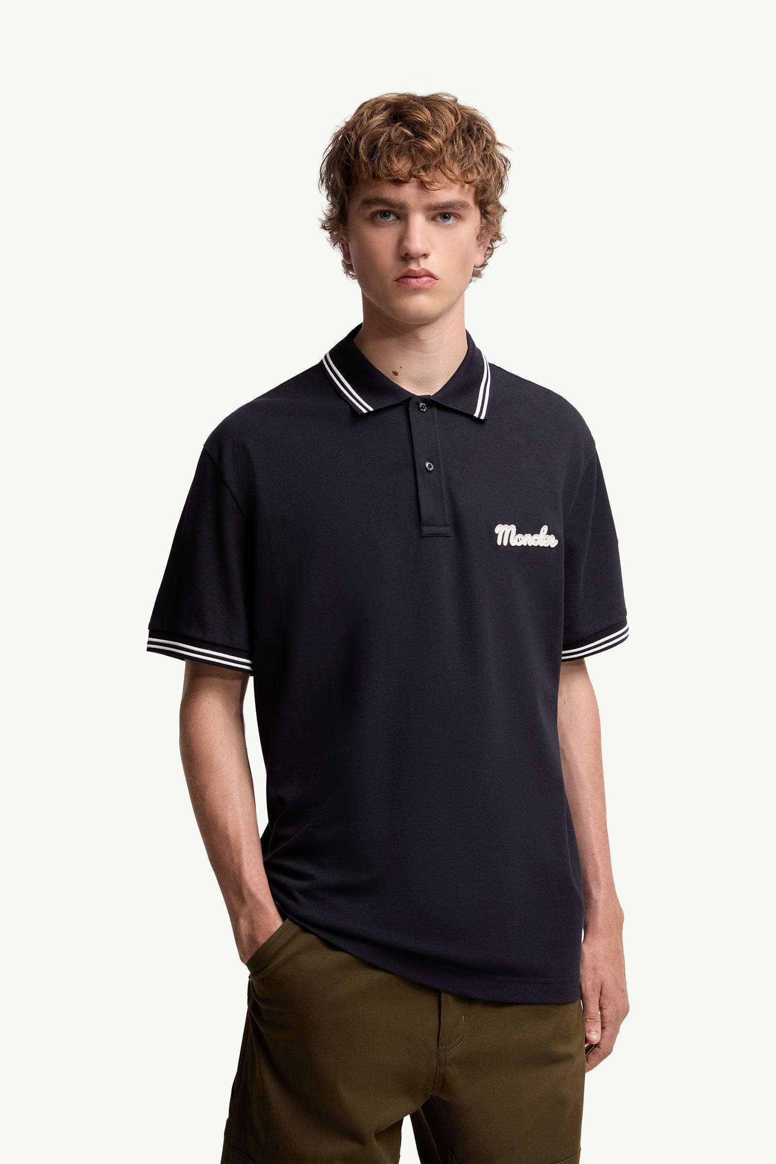 Moncler Embroidered Logo Cotton Piquet Polo Shirt Blue Blue