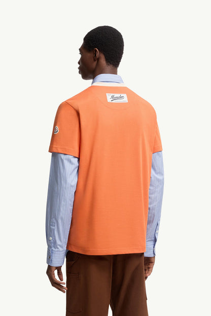 Moncler Embroidered Logo Cotton Piquet V-Neck T-Shirt Orange Orange