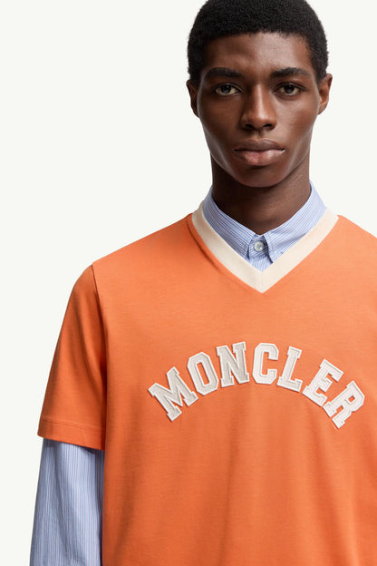 Moncler Embroidered Logo Cotton Piquet V-Neck T-Shirt Orange Orange