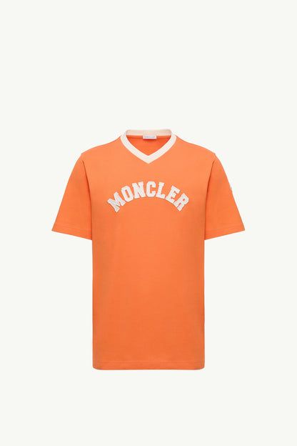 Moncler Embroidered Logo Cotton Piquet V-Neck T-Shirt Orange Orange