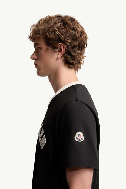 Moncler Embroidered Logo Cotton Piquet V-Neck T-Shirt Black Black