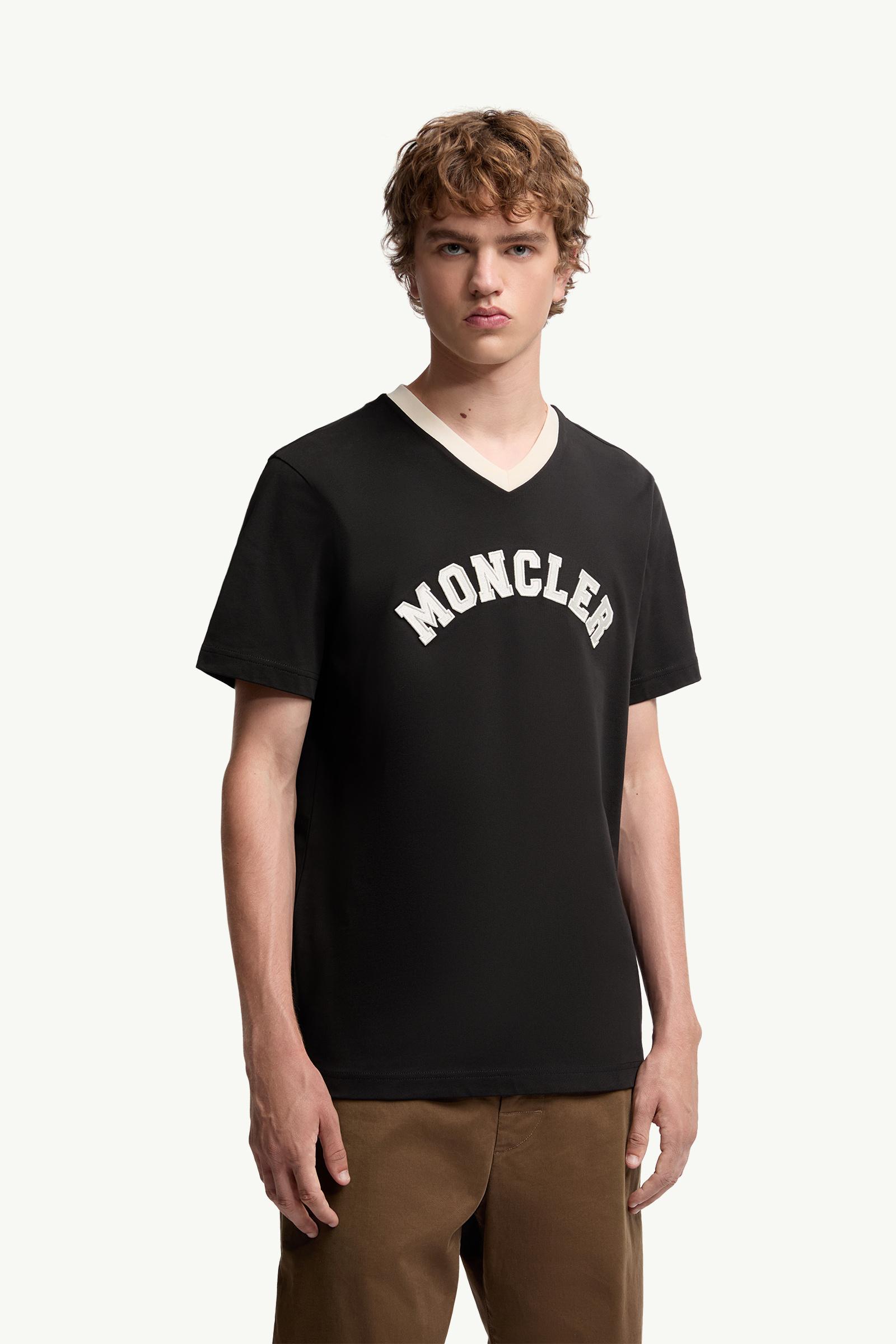 Moncler Embroidered Logo Cotton Piquet V-Neck T-Shirt Black Black