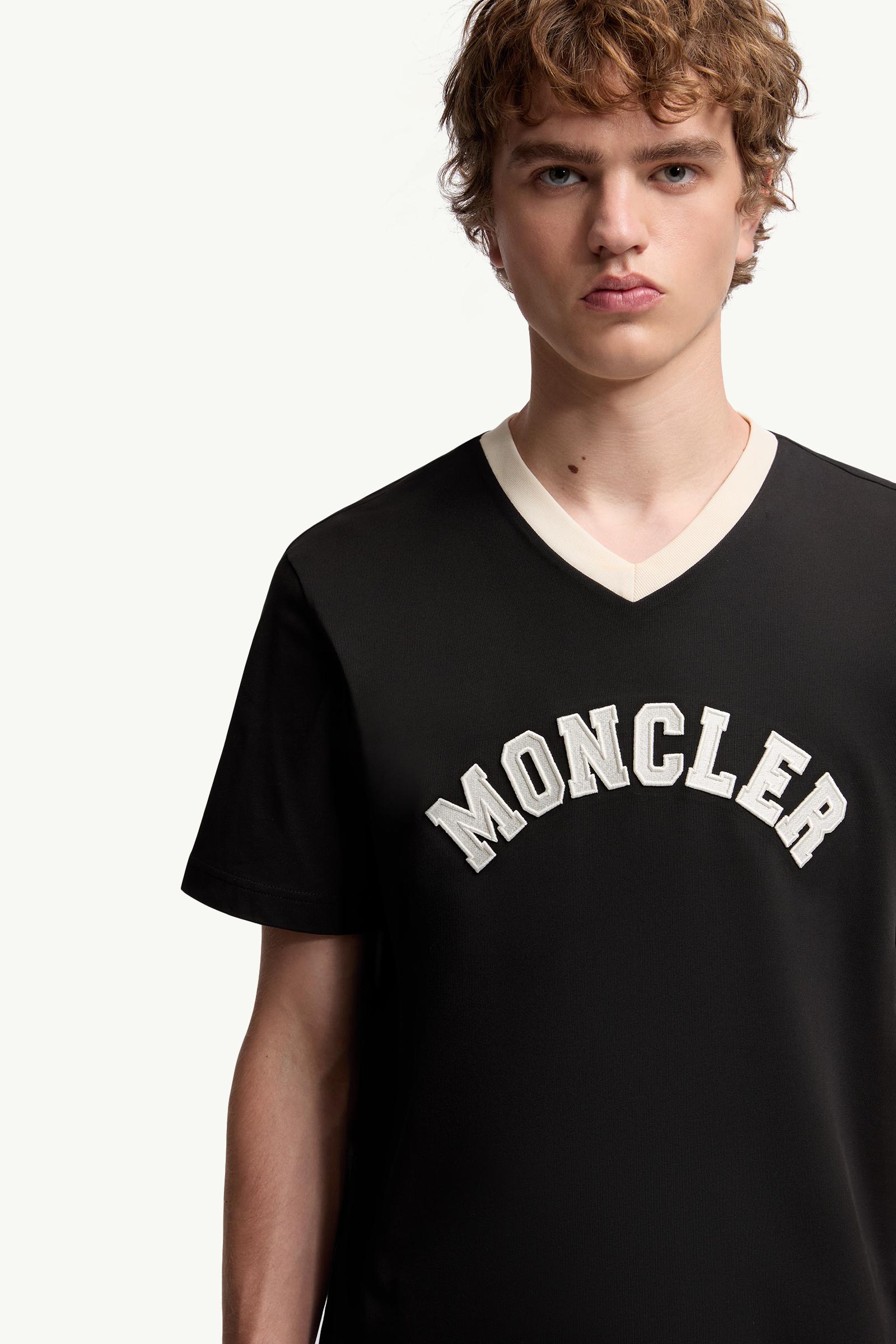 Moncler Embroidered Logo Cotton Piquet V-Neck T-Shirt Black Black