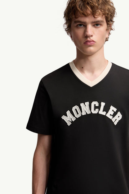 Moncler Embroidered Logo Cotton Piquet V-Neck T-Shirt Black Black