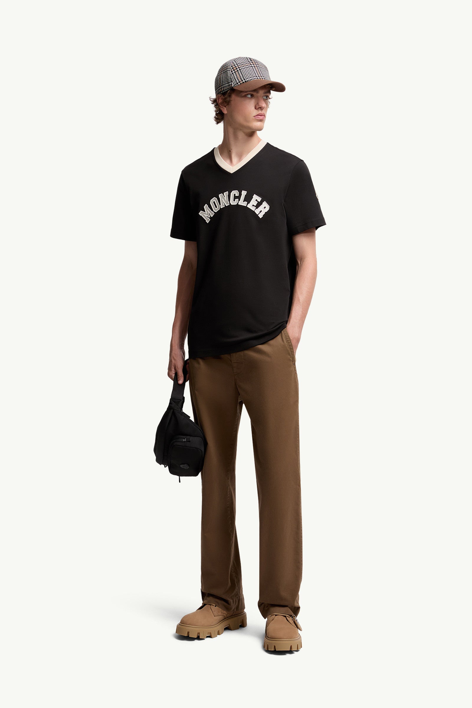 Moncler Embroidered Logo Cotton Piquet V-Neck T-Shirt Black Black