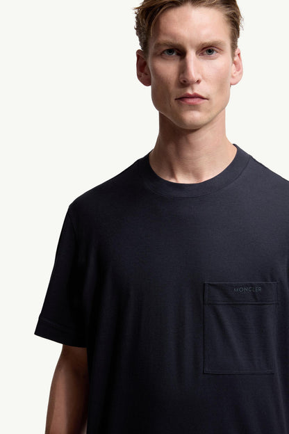 Moncler Logo Cotton & Silk T-Shirt With Pocket Navy Blue Navy Blue