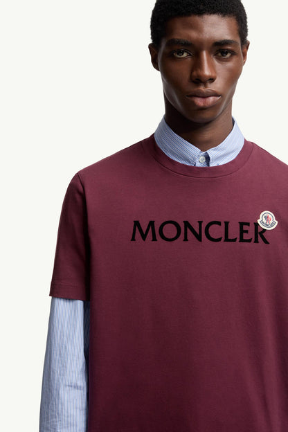 Moncler Flocked Logo Cotton T-Shirt Burgundy Burgundy